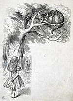 Alice talking to the Cheshire Cat. Illustration by Sir John Tenniel. Wood-engraving by Thomas Dalziel
