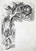 Alice talking to the Cheshire Cat. Illustration by Sir John Tenniel. Wood-engraving by Thomas Dalziel
